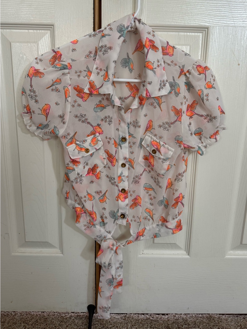 Truth NYC Bird Print Tie Front Blouse XS Sheer Puff Sleeve Cottagecore